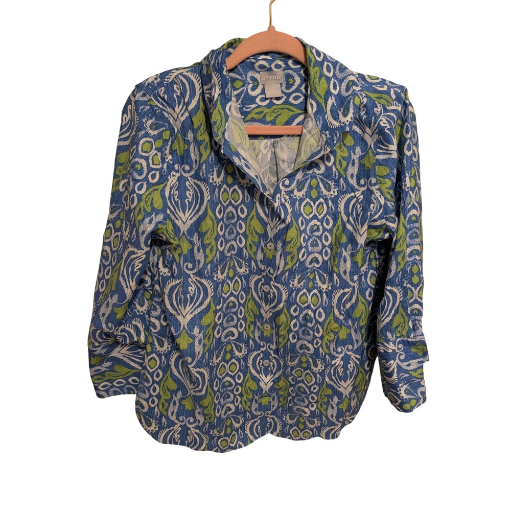 Chicos Blue Green Ikat Paisley Button Down Shirt Size 1 Medium Cotton Stretch